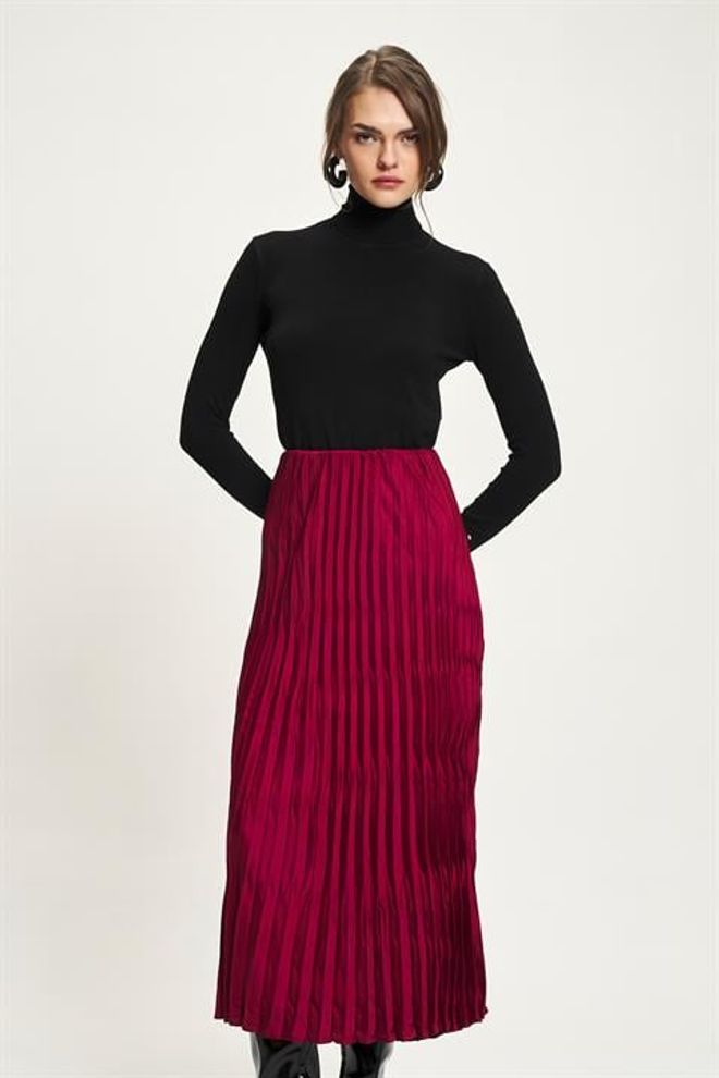 Sobe Istanbul Πλισέ Μάξι Φούστα Μπορντό Ψηλόμεση Κομψή Επίσημη Χονδρικό εμπόριο ενδυμάτων 1