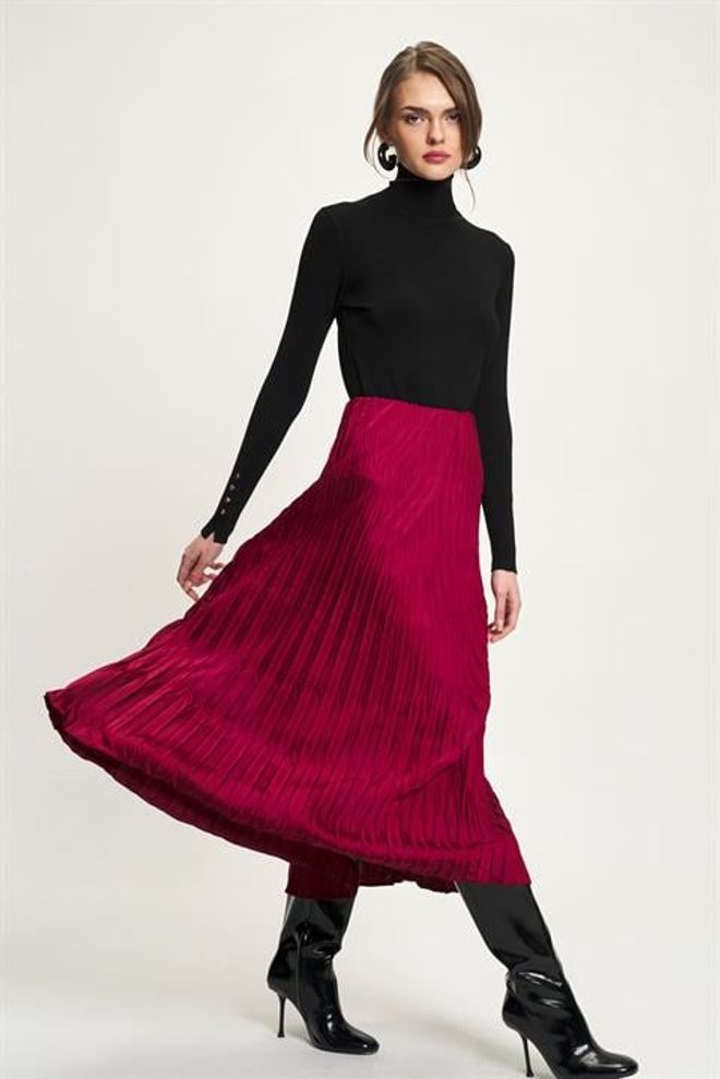 Sobe Istanbul Πλισέ Μάξι Φούστα Μπορντό Ψηλόμεση Κομψή Επίσημη Χονδρικό εμπόριο ενδυμάτων Επίσημο