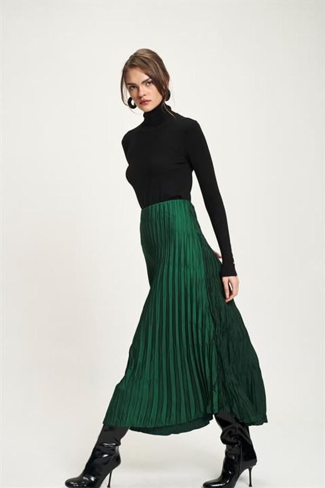 Sobe Istanbul Green Elegant Pleated Maxi Skirt Wholesale Clothing Vintage