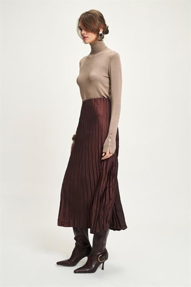 Sobe Istanbul Brown Pleated Maxi Skirt High Waist Elegant Style Wholesale Clothing Vintage
