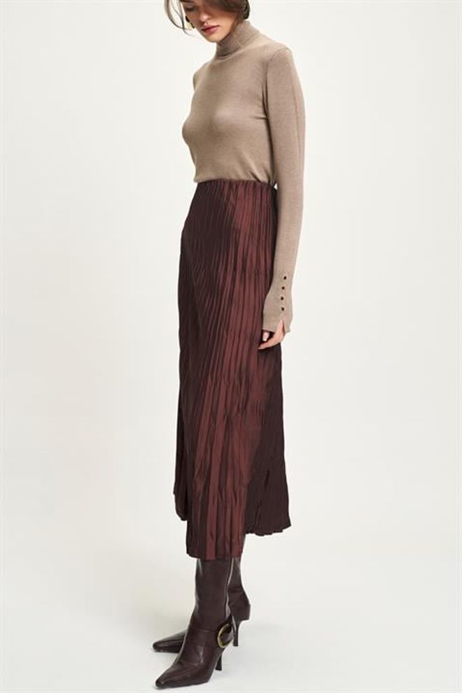 Sobe Istanbul Brown Pleated Maxi Skirt High Waist Elegant Style Wholesale Clothing Work