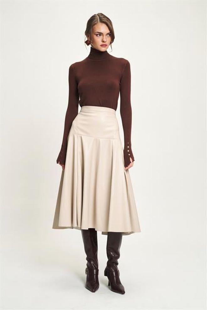 Sobe Istanbul Saia Bege Elegante Alargada Midi Cintura Alta Roupas por atacado Modesto