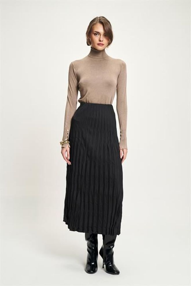 Sobe Istanbul Black Pleated High Waist Midi Skirt Wholesale Clothing 1