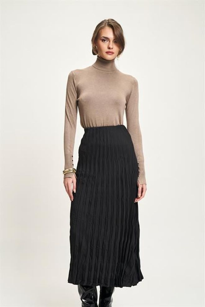 Sobe Istanbul Black Pleated High Waist Midi Skirt Wholesale Clothing Spring