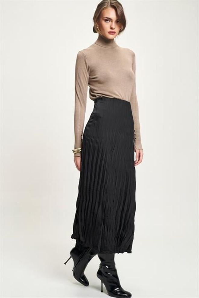 Sobe Istanbul Black Pleated High Waist Midi Skirt Wholesale Clothing Work