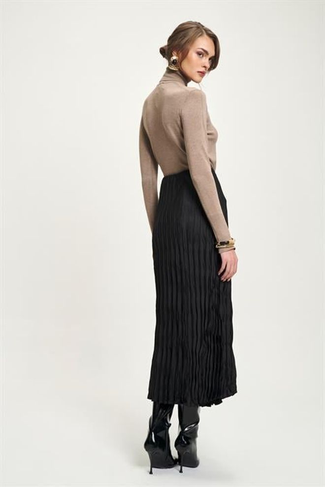 Sobe Istanbul Black Pleated High Waist Midi Skirt Wholesale Clothing Cocktail