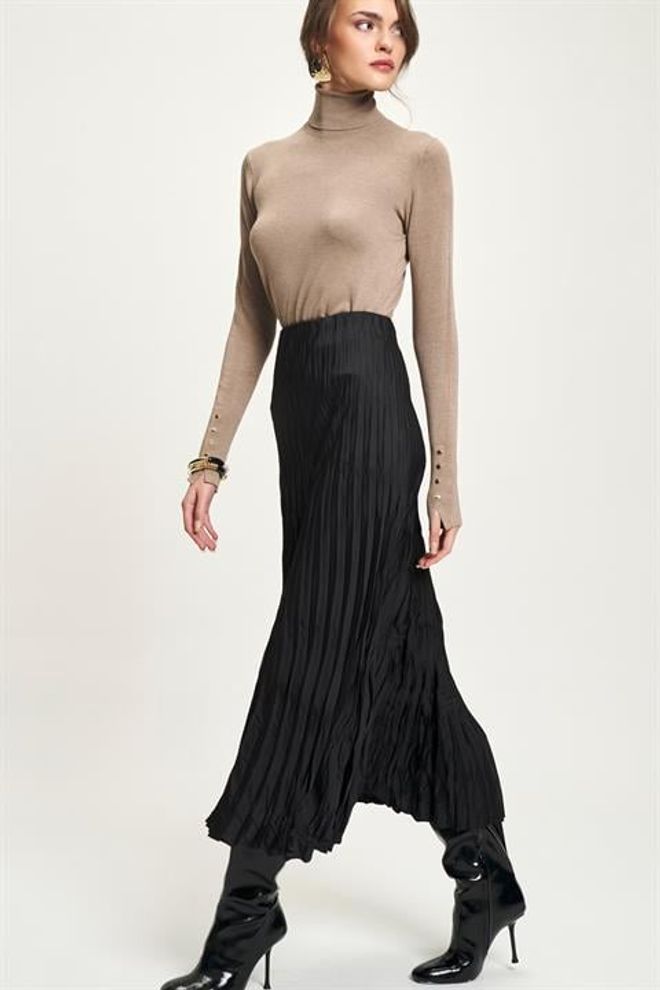 Sobe Istanbul Black Pleated High Waist Midi Skirt Wholesale Clothing Casual