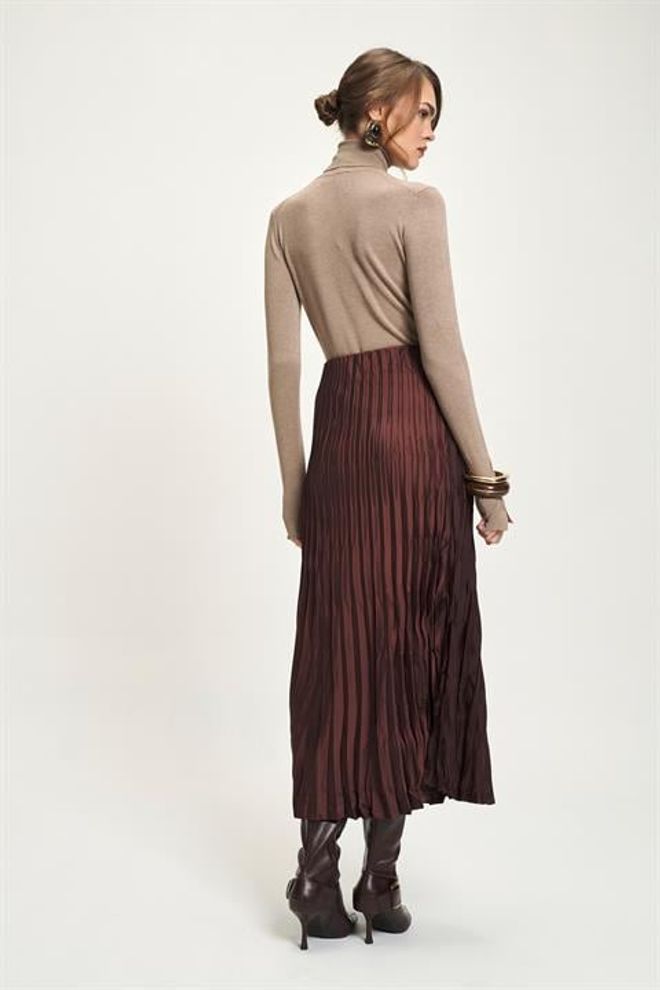 Sobe Istanbul Brown Pleated Maxi Skirt High Waist Elegant Style Wholesale Clothing 5