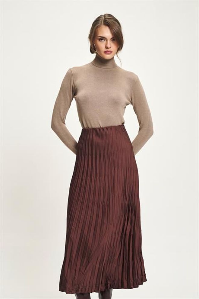 Sobe Istanbul Brown Pleated Maxi Skirt High Waist Elegant Style Wholesale Clothing 1