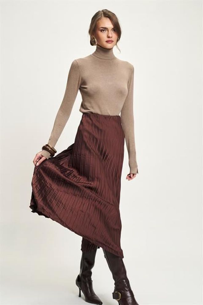 Sobe Istanbul Brown Pleated Maxi Skirt High Waist Elegant Style Wholesale Clothing Fall