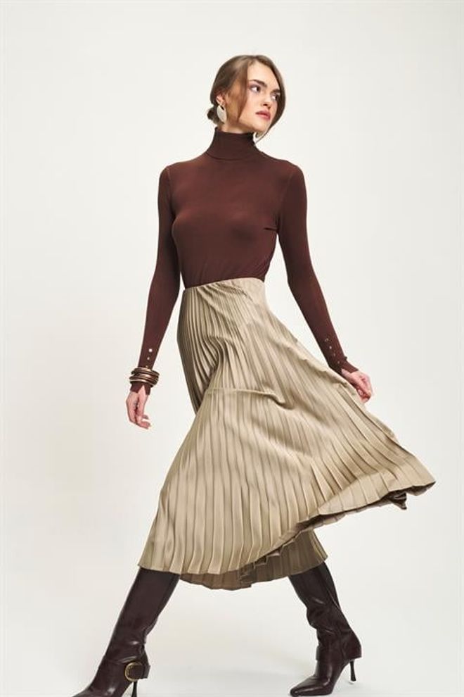 Sobe Istanbul Béžová Elegantná Plisovaná Midi Sukňa Veľkoobchod s oblečením Neformálny