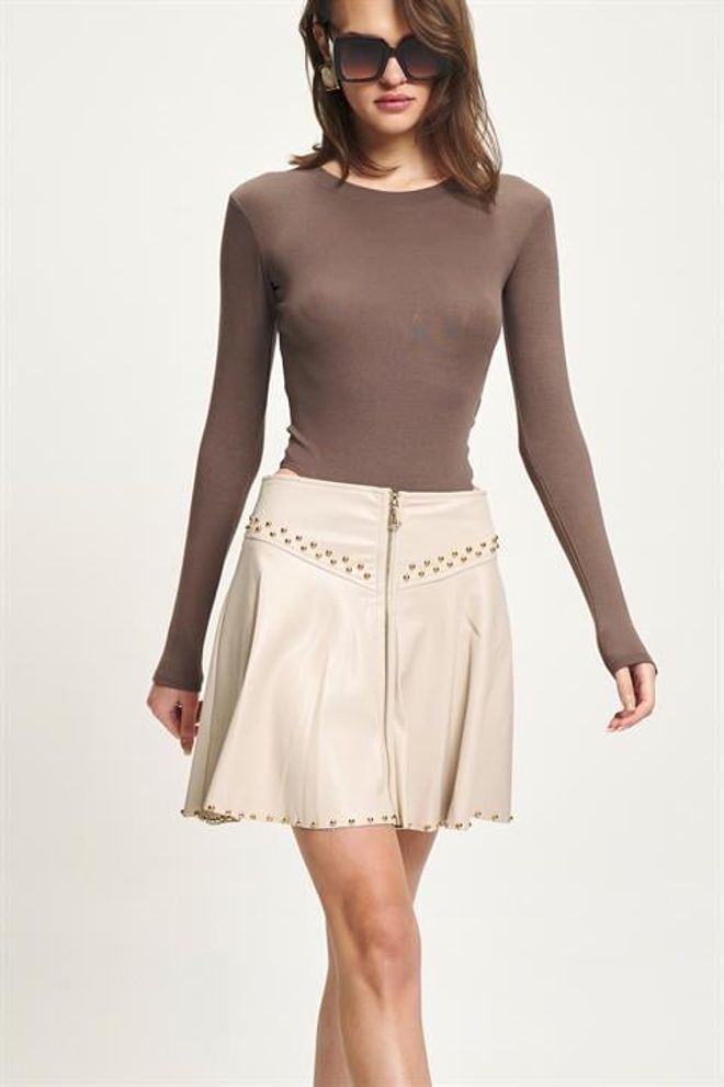 Sobe Istanbul Beige Flared Mini Skirt With High Waist Wholesale Clothing 1