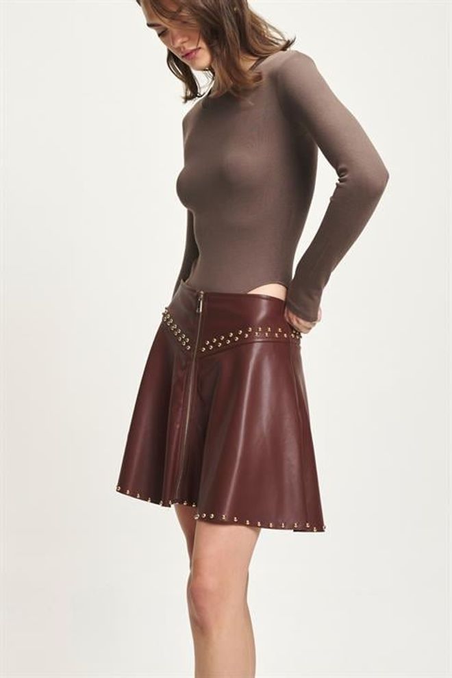 Sobe Istanbul Brown Flared Mini Skirt With Mid Waist Zip Closure Wholesale Clothing Spring