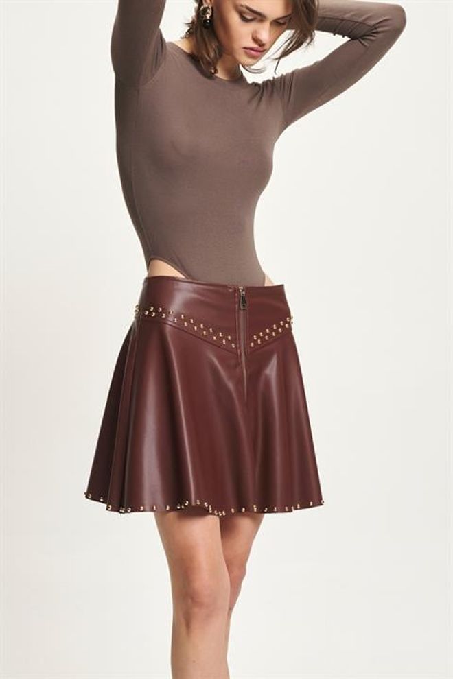 Sobe Istanbul Brown Flared Mini Skirt With Mid Waist Zip Closure Wholesale Clothing Vintage