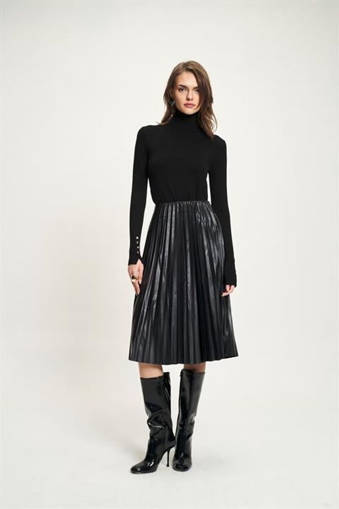 Sobe Istanbul Čierna Elegantná Plisovaná Midi Sukňa Vysoký Pás Veľkoobchod s oblečením Neformálny