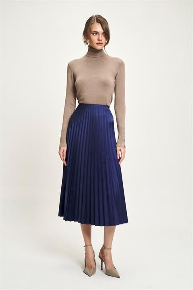 Sobe Istanbul Marineblauer Plissierter Midirock Großhandelskleidung Modest