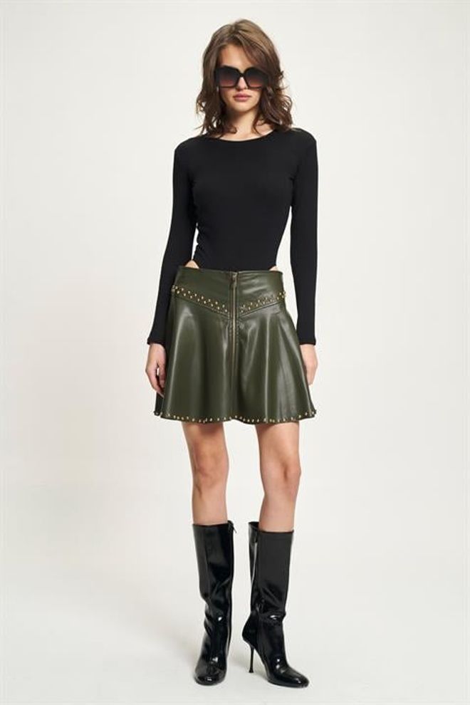 Sobe Istanbul Zelená Rozšírená Mini Sukňa S Vysokým Pásom A Zipsom Veľkoobchod s oblečením Neformálny