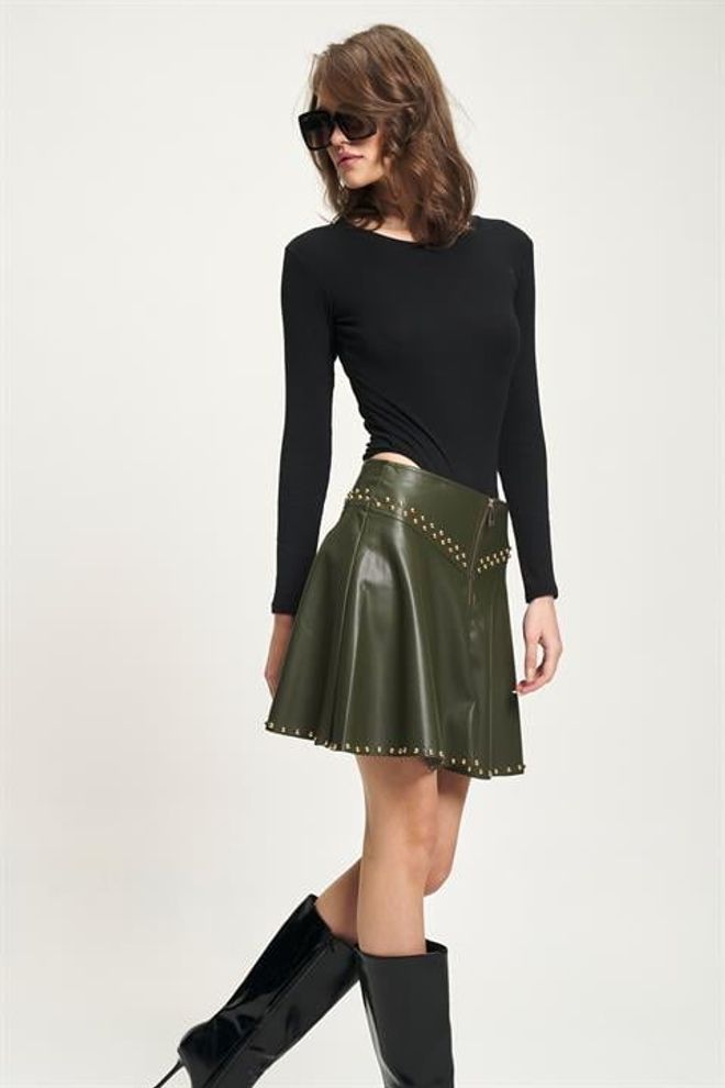 Sobe Istanbul Green Flared Mini Skirt High Waist Zip Up Wholesale Clothing Spring