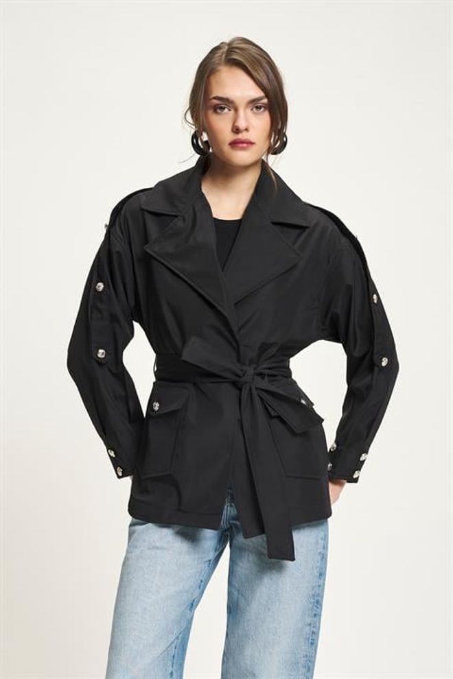 Sobe Istanbul Zwarte Trenchcoat Enkelrijig Colbert Met Stropdas Groothandel Kleding Casual