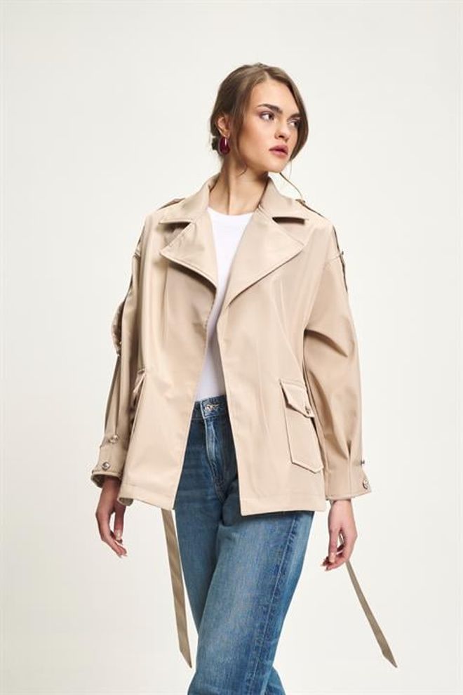 Sobe Istanbul Beige Elegante Trenchcoat Met Striksluiting Groothandel Kleding Casual
