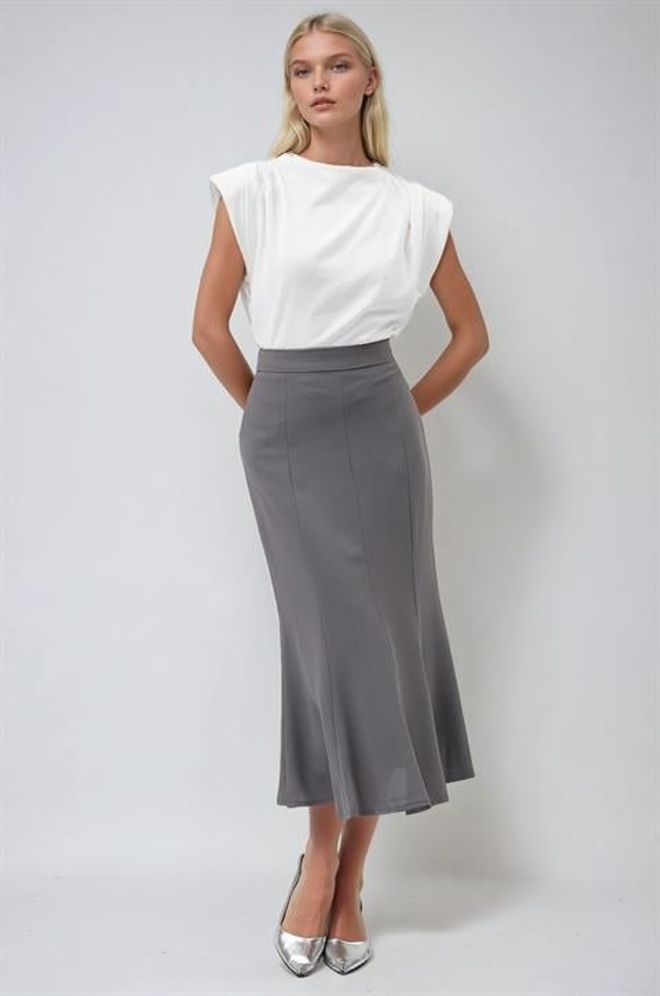 Sobe Istanbul Grey Elegant Formal Modest Flared Midi Skirt Wholesale Clothing Modest