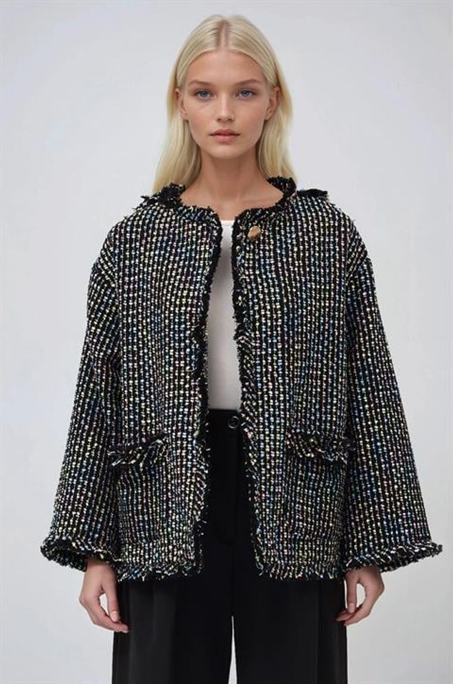 Sobe Istanbul السترة الأنيقة المخططة باللون الأسود والمفصلة بزر واحد ملابس بالجملة غير رسمي