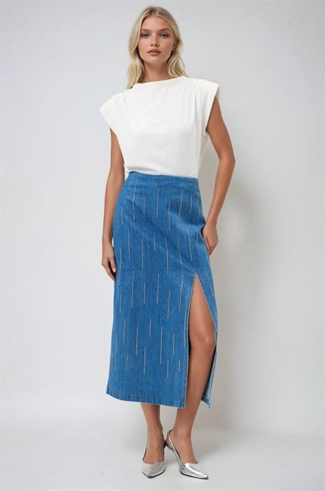 Sobe Istanbul Modrá Midi Sukňa S Vysokým Pásom A Rozparkom Veľkoobchod s oblečením Neformálny