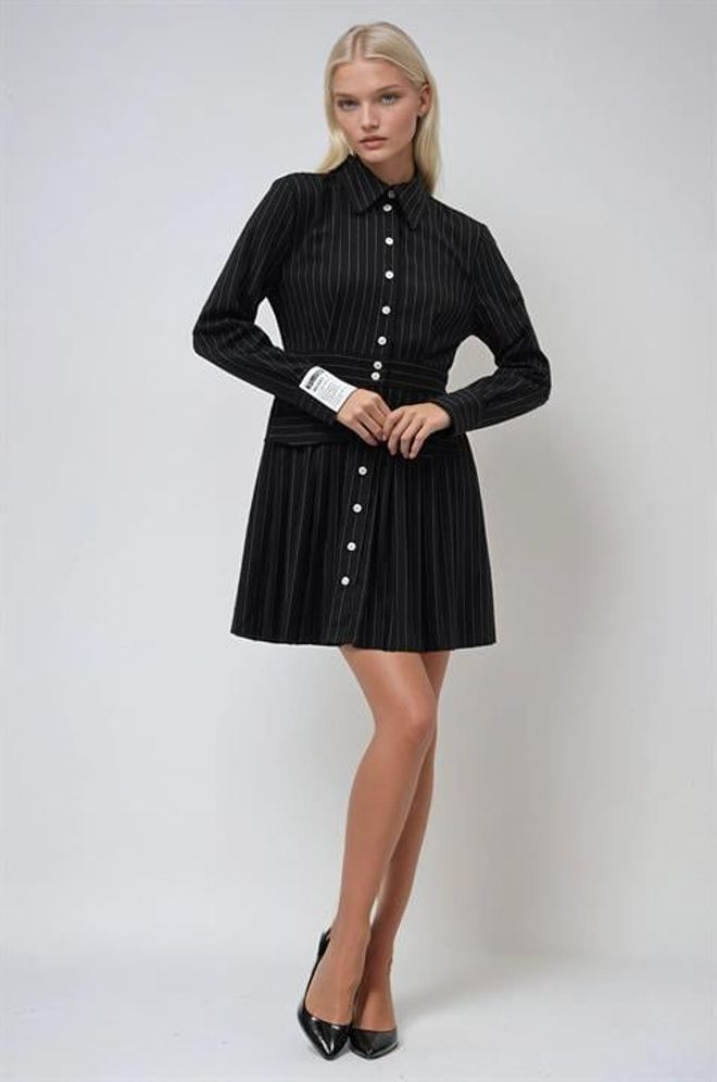 Sobe Istanbul فستان أسود مخطط صغير بقصة قميص بأسلوب رسمي ملابس بالجملة رَسمِيّ