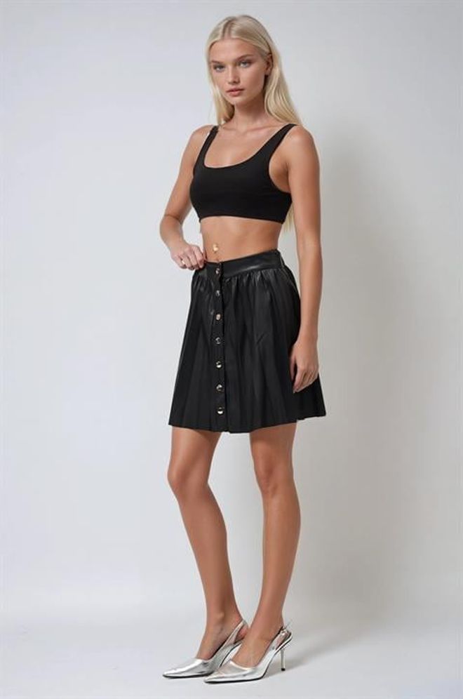 Sobe Istanbul Black Pleated Mini Skirt With Buttoned Closure Wholesale Clothing Work