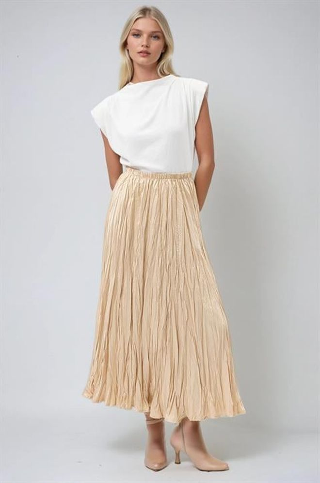 Sobe Istanbul Béžová Plisovaná Midi Sukňa So Stredným Pásom A Naťahovacím Zapínaním Veľkoobchod s oblečením Neformálny
