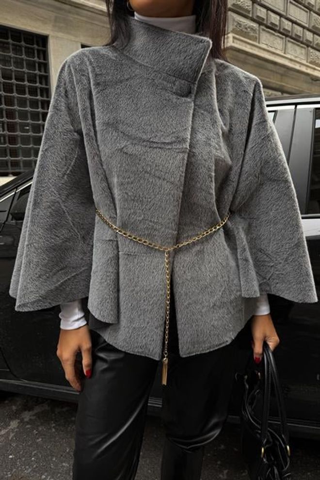 Sobe Istanbul Сиво Елегантно Уголемено Пончо С Високо Деколте Дрехи на едро Работа