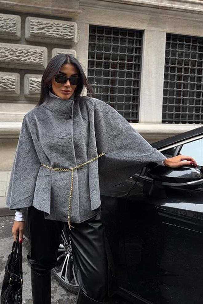 Sobe Istanbul Сиво Елегантно Уголемено Пончо С Високо Деколте Дрехи на едро 5