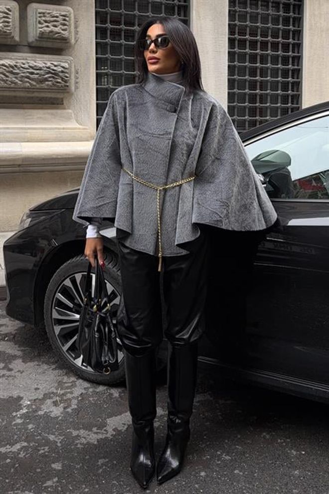 Sobe Istanbul Сиво Елегантно Уголемено Пончо С Високо Деколте Дрехи на едро Улична мода