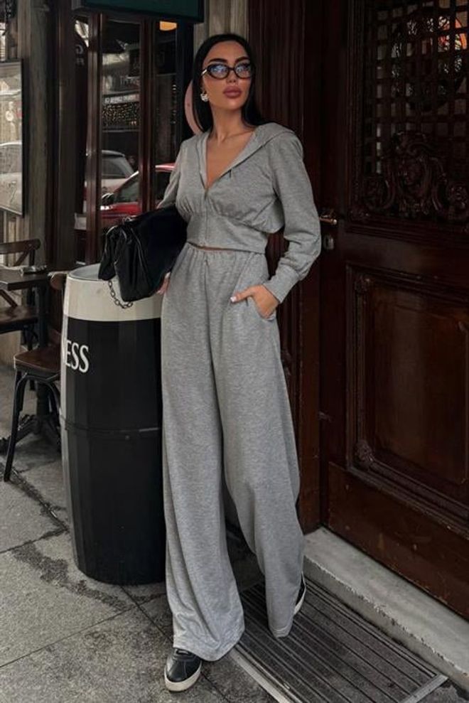 Sobe Istanbul جلس رمادي أُُوفرسايزد زيب أب هودي وبالازو ملابس بالجملة غير رسمي