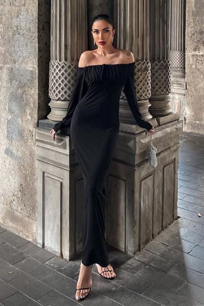 Sobe Istanbul Черное Элегантное Облегающее Платье С Открытым Плечом Оптовая продажа одежды Сексуальный