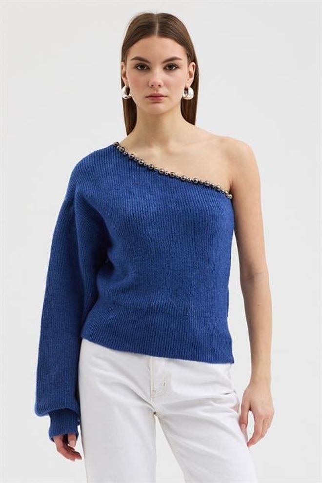 Sobe Istanbul Синий Свитер С Горлом На Одно Плечо И Длинными Рукавами Оптовая продажа одежды Повседневный