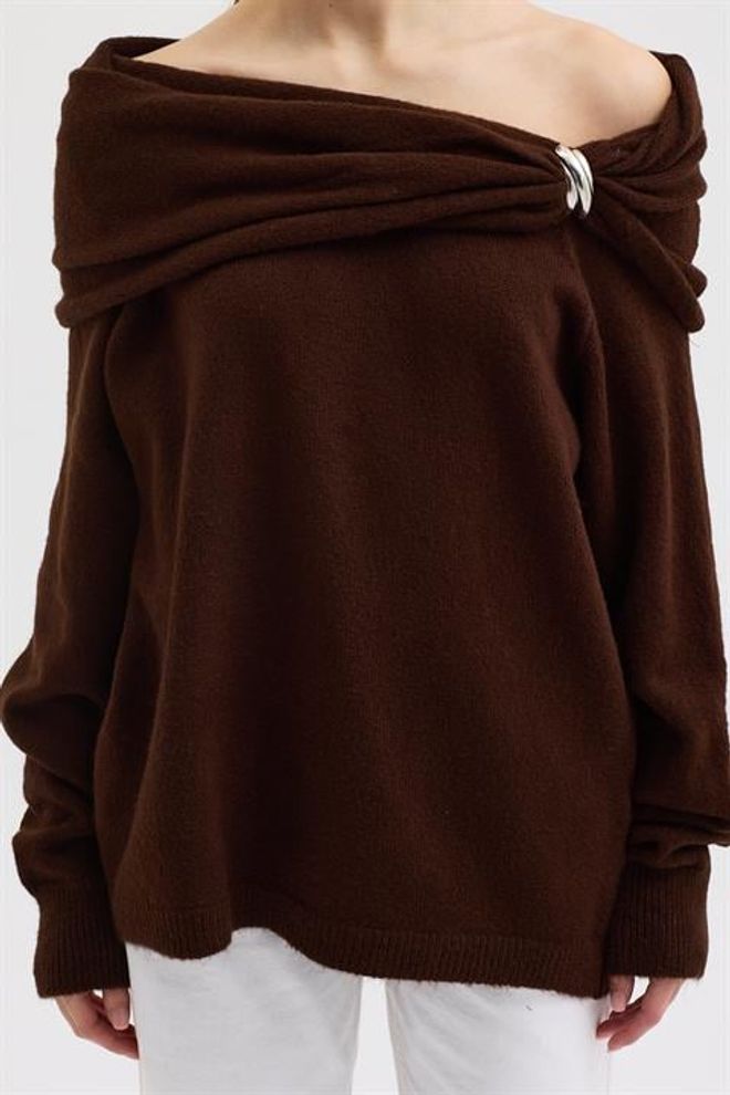 Sobe Istanbul Brauner Pullover Mit Schulterfreiem Ausschnitt Und Langem Ärmel Großhandelskleidung Arbeit