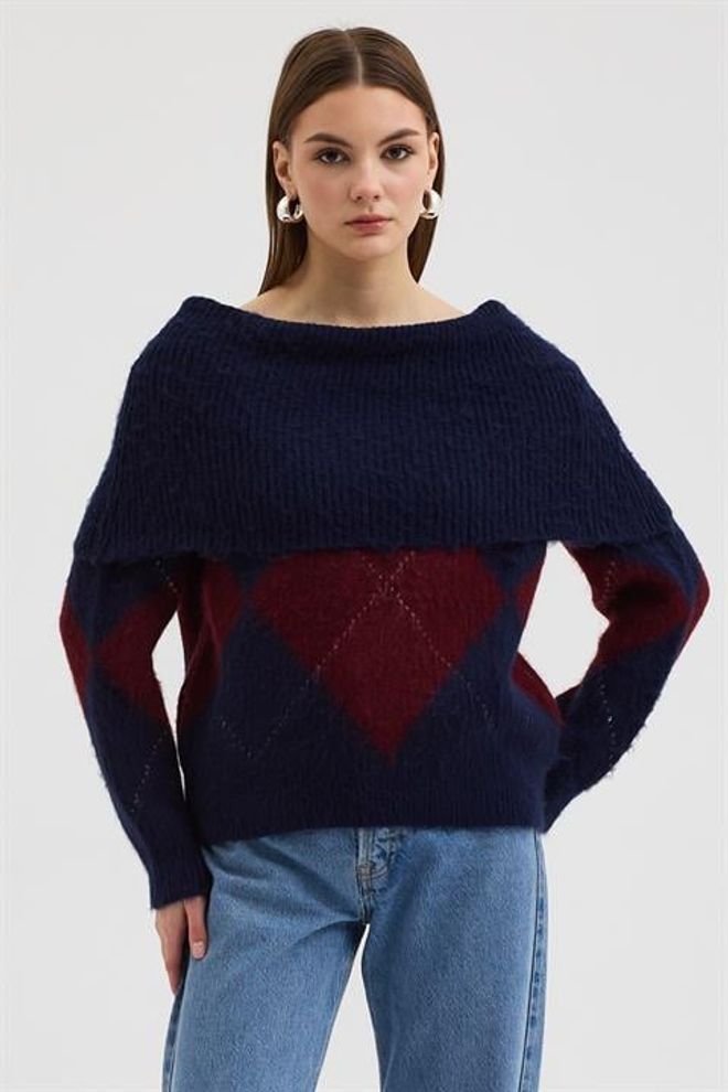 Sobe Istanbul Свитер Темно синий С Узором Аргайл Оптовая продажа одежды Повседневный