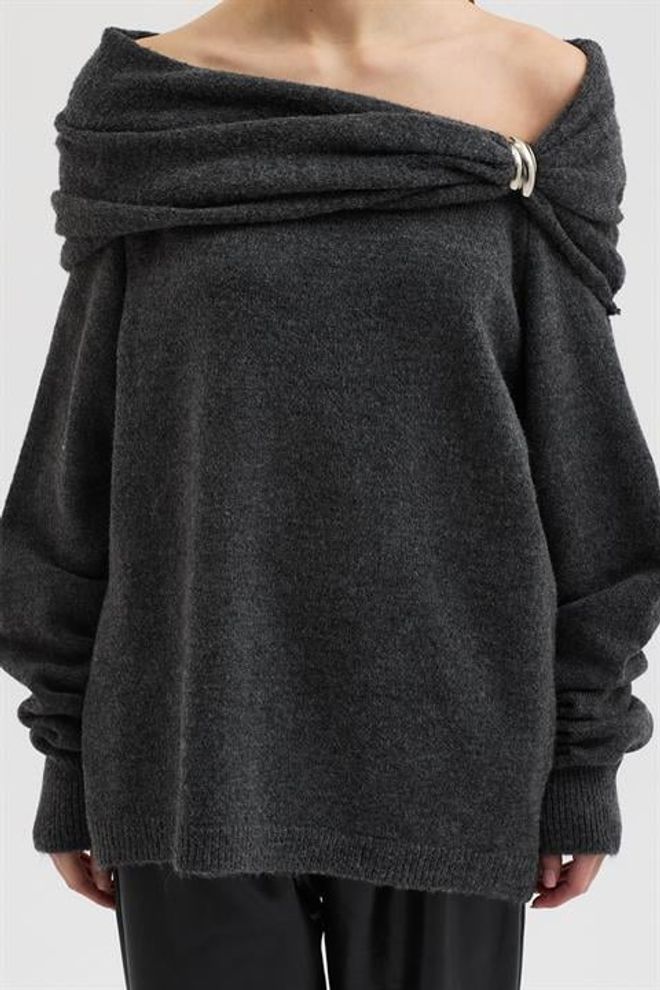 Sobe Istanbul Grau Oversized Pullover Mit Schulterfreiem Ausschnitt Großhandelskleidung Winter