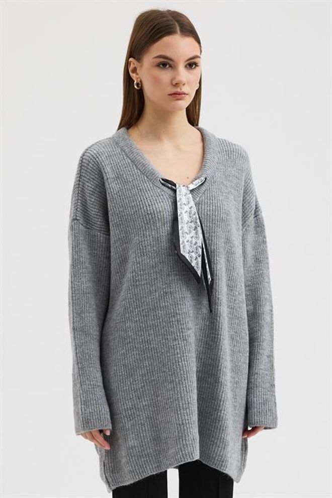 Sobe Istanbul Jersey Gris Casual Oversize Con Cuello En V Ropa al por mayor Modesto