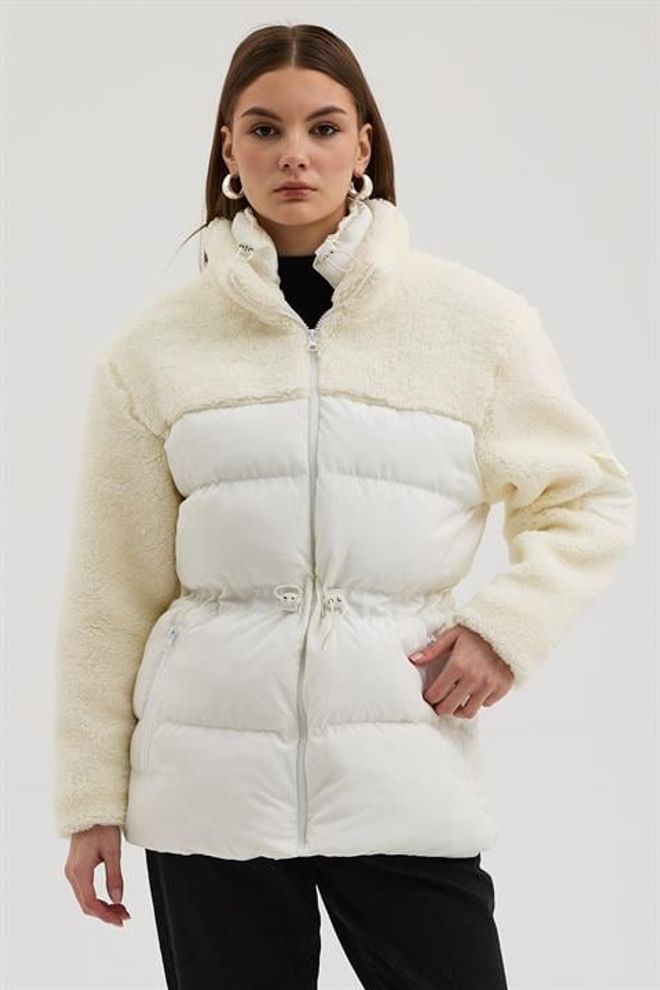 Sobe Istanbul Ασπρο Φουσκωτό Σακάκι Με Ψηλό Γιακά Και Τσέπη Με Φερμουάρ Χονδρικό εμπόριο ενδυμάτων Απλό