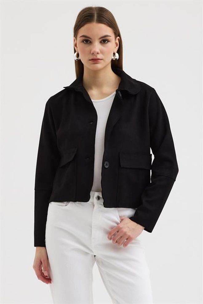 Sobe Istanbul Čierna Bunda Jednoradové Sako Vrúbkovaný Golier Veľkoobchod s oblečením Neformálny