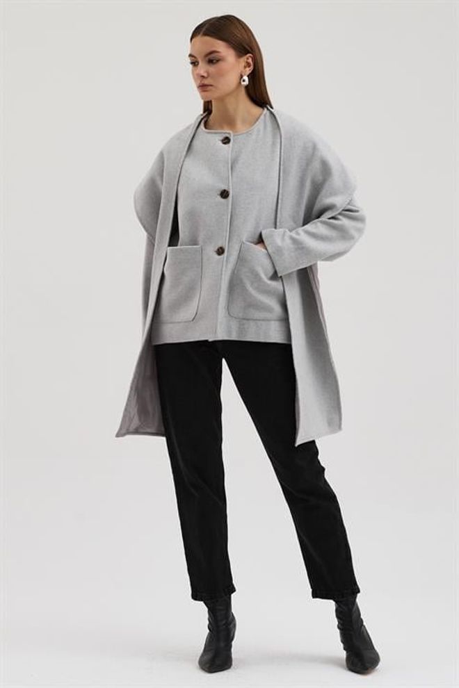 Sobe Istanbul Sivá Elegantná Oversized Bunda S Okrúhlym Golierom Veľkoobchod s oblečením Neformálny