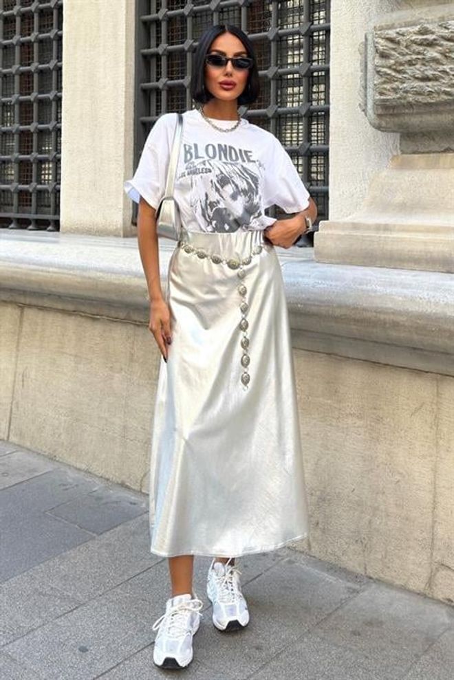 Sobe Istanbul Reflective Midi Skirt Silver Wholesale Clothing No Fabric