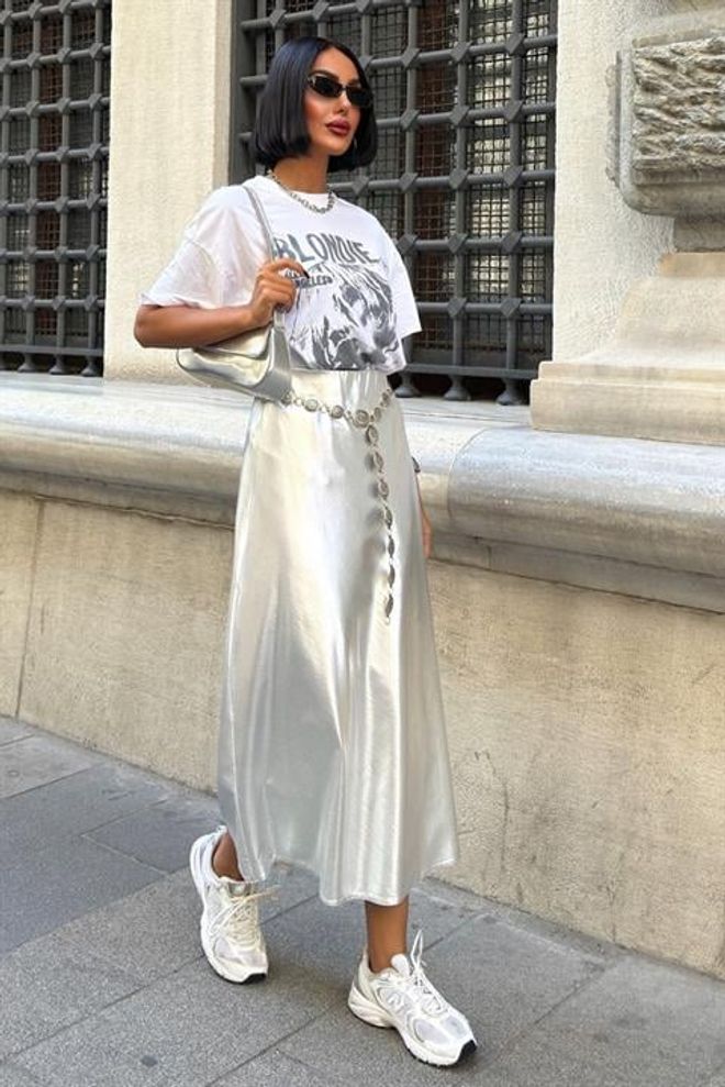 Sobe Istanbul Reflective Midi Skirt Silver Wholesale Clothing Birthday