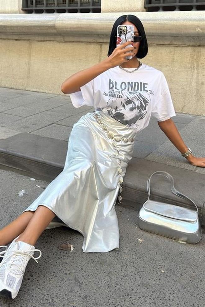 Sobe Istanbul Reflective Midi Skirt Silver Wholesale Clothing Fall