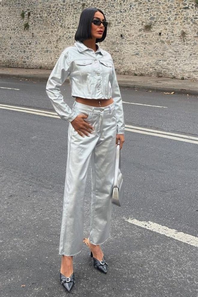 Sobe Istanbul Металик Сребрни Сет Панталона Са Јакном Велепродаја одеће Неформалан