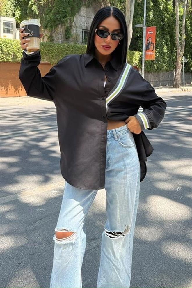 Sobe Istanbul Oversize Popelínová Košeľa S Páskovým Detailom Čierna Veľkoobchod s oblečením Neformálny