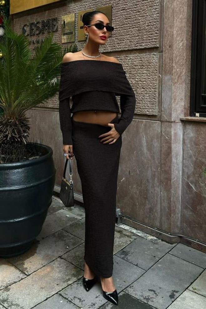 Sobe Istanbul Madonna Collar Skirt Suit Brown Wholesale Clothing Polyester