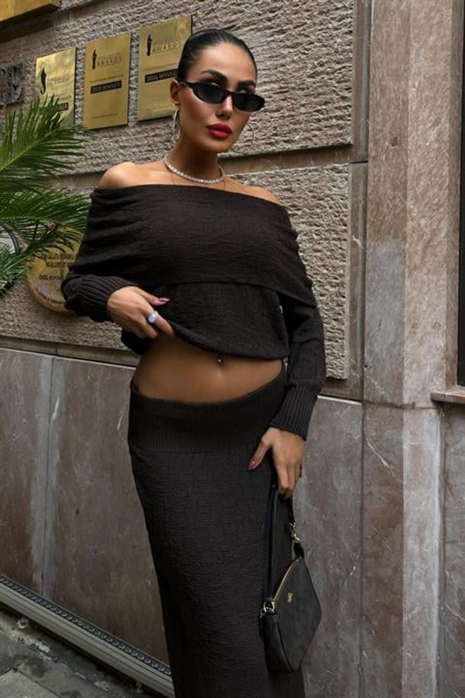 Sobe Istanbul Madonna Collar Skirt Suit Brown Wholesale Clothing Birthday